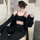Long-sleeve Plain Loose-fit Shirt / Cropped Camisole Top / Plain Loose-fit Pants