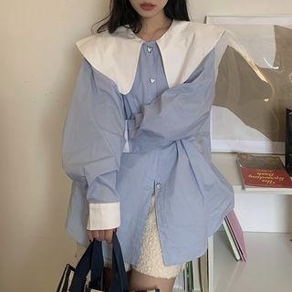 Wide Collar Heart Button Shirt Blue & White - One Size