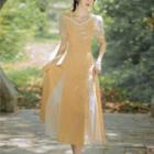 Short-sleeve Chiffon Plaid Midi A-line Dress