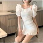 Puff-sleeve Knit Crop Top / Mini Bodycon Dress