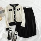 Set: Contrast Trim Knit Cardigan + Pleated Midi A-line Skirt