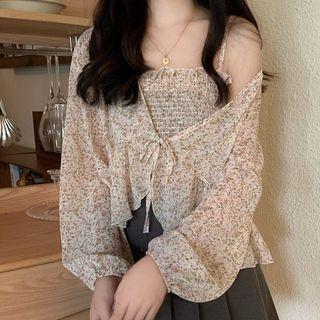 Set: Balloon-sleeve Floral Print Blouse + Camisole Top