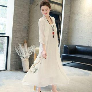 3/4-sleeve Mock Two Piece Midi A-line Dress