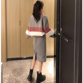 Set: Fleece-panel Colorblock Pullover + Skirt With Scarf
