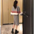 Set: Fleece-panel Colorblock Pullover + Skirt With Scarf