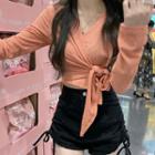 Long-sleeve V-neck Tie-waist Cropped Knit Top