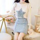 Star Applique Sweater / Tweed Mini A-line Skirt / Set
