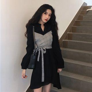 Mock Two-piece Tie-waist Long Sleeve Dress