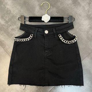 Chain Cutout Denim Mini Pencil Skirt