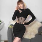 Long-sleeve Mesh Panel Cutout Sheath Dress