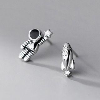 Astronaut & Rocket Rhinestone Asymmetrical Sterling Silver Earring 1 Pair - Silver - One Size