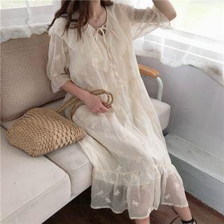 3/4-sleeve Embroidered Ruffled Midi Chiffon Dress Almond - One Size