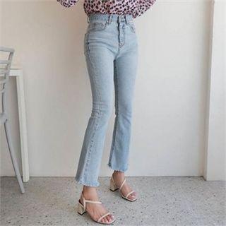 Fringe-hem Boot-cut Washed Jeans