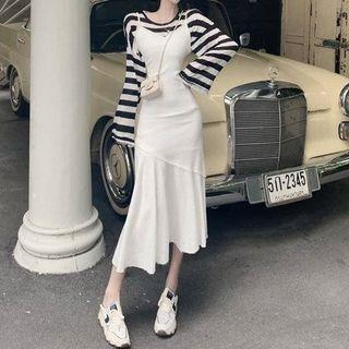 Set: Long-sleeve Striped T-shirt + Midi Mermaid Pinafore Dress