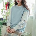 Flower Embroidered Contrast-sleeve Pullover Blue - One Size