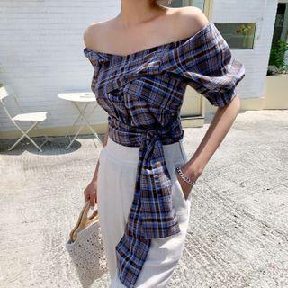 Off-shoulder Plaid Wrap Blouse