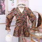 Printed Flower Lace Up Trumpet-sleeved Dress