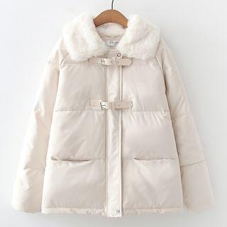 Fleece-collar Padded Zip-up Jacket