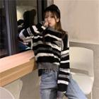 Mock Neck Striped Cropped Sweater Black & White - One Size