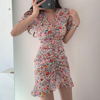 Floral Print Short-sleeve Ruched Mini A-line Dress