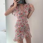 Floral Print Short-sleeve Ruched Mini A-line Dress