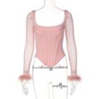 Long-sleeve Fluffy Trim Mesh Panel Corset Top
