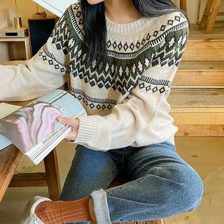 Raglan-sleeve Nordic Pattern Sweater