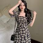 Short-sleeve Square-neck Floral A-line Dress