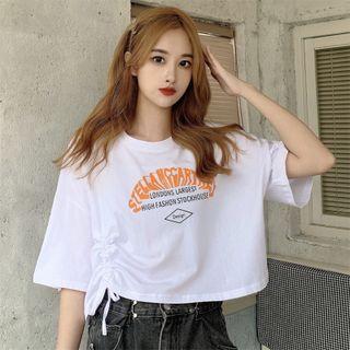 Short-sleeve Drawstring Print Cropped T-shirt