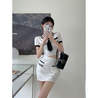 Short-sleeve Contrast Trim Knit Crop Polo Shirt / High Waist Mini Pencil Skirt / Necktie / Set