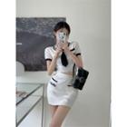 Short-sleeve Contrast Trim Knit Crop Polo Shirt / High Waist Mini Pencil Skirt / Necktie / Set