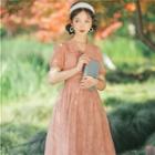 Short-sleeve Flower Print Collared Midi A-line Dress