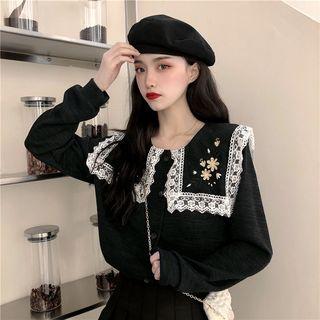 Lace Trim Collared Buttoned Knit Top As Shown In Figure - One Size