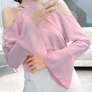 Cold-shoulder Bell-sleeve Chiffon Top