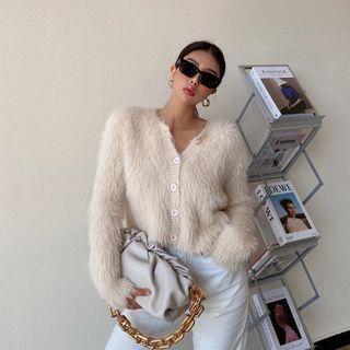 Wool Blend Furry Buttoned Cardigan