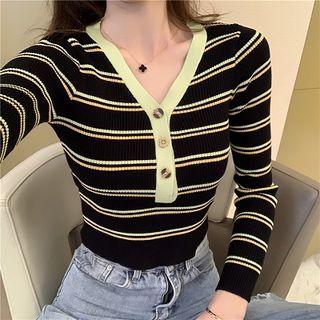 Long-sleeve Half-button Striped Knit Top