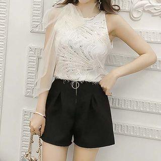 Set: Mesh Panel Sequined Tank Top + Shorts