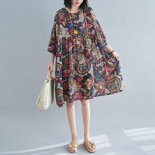 Elbow-sleeve Print Chiffon Midi Dress White - One Size