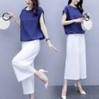 Set: Cap-sleeve Plain Blouse + Wide Leg Capri Pants