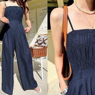 Wide-leg Smocked Denim Jumpsuit Dark Blue - One Size