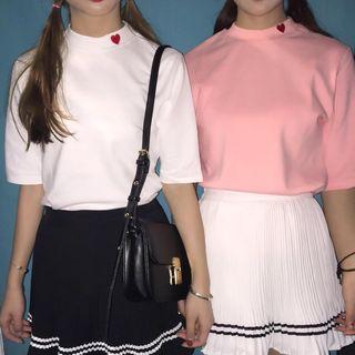 Heart Embroidered Elbow Sleeve Knit Top