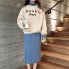Mock Two-piece Lettering Pullover / Midi A-line Skirt
