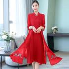 Set: Elbow-sleeve Midi A-line Dress + Light Jacket