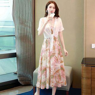Set: Short-sleeve Lace Up Open Front Jacket + Leaf Print Spaghetti Strap Midi A-line Dress
