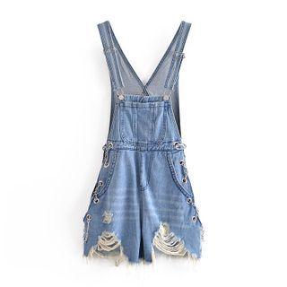 Distressed Chained Denim Dungaree Shorts