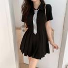 Short-sleeve Pleated Mini Shirt Dress With Tie