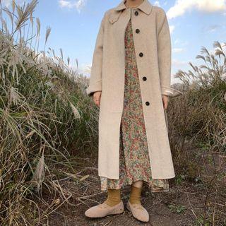 Tie-waist Long Button Coat Beige - One Size