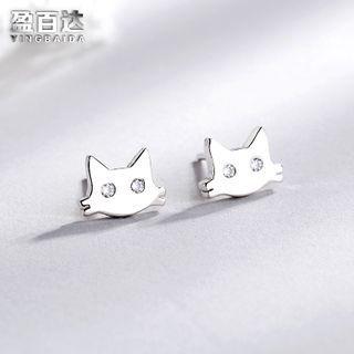 925 Sterling Silver Cat Earring 1 Pair - Sliver - One Size