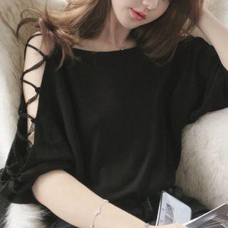 Elbow-sleeve Lace Up Knit Top
