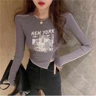 Lettering Print Irregular Cropped T-shirt